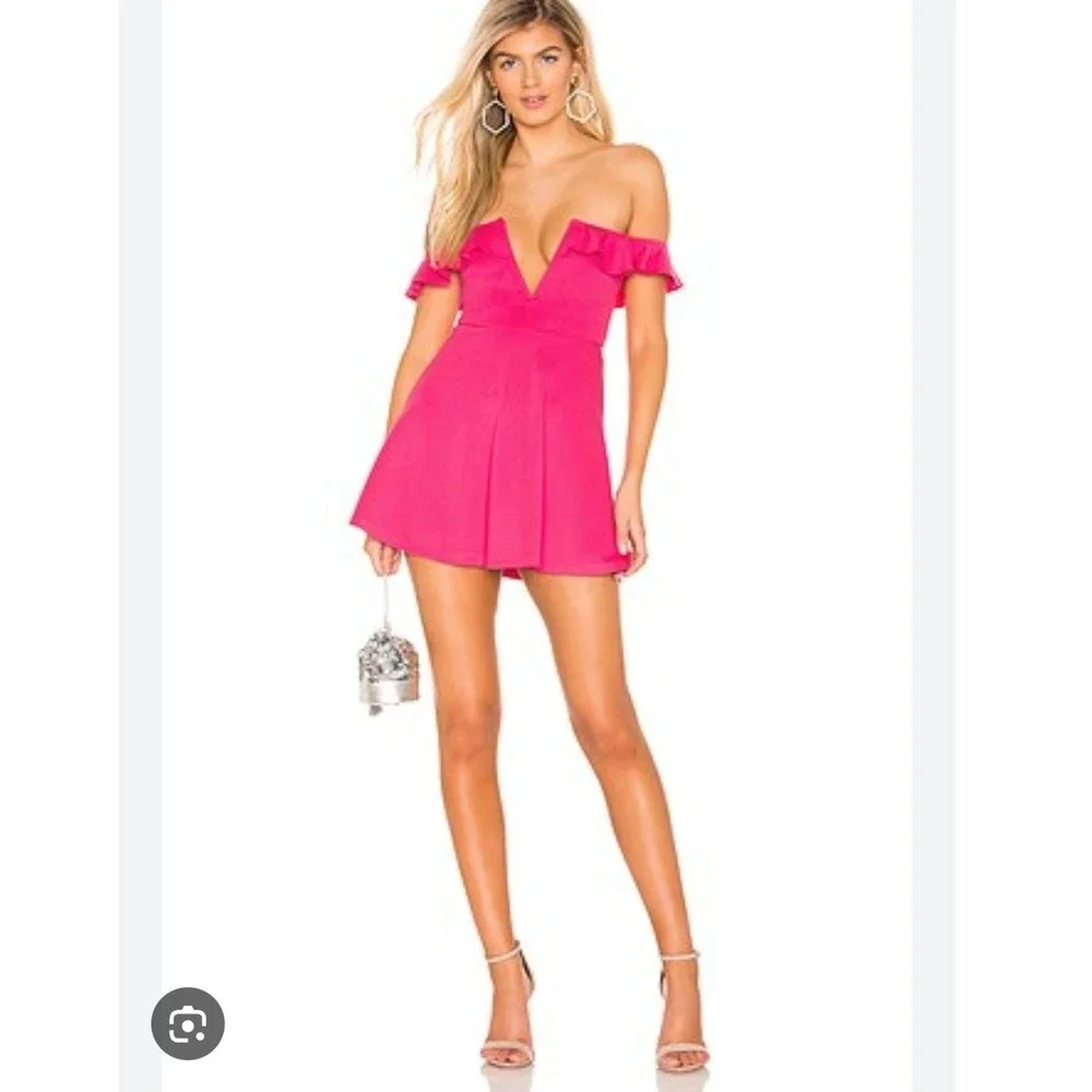 Majorelle Hot Pink Ruffle Deep V-Neck Fit & Flare Mini Skater Dress Medium